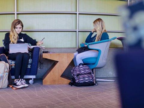 两个女学生在佩里图书馆学习.
